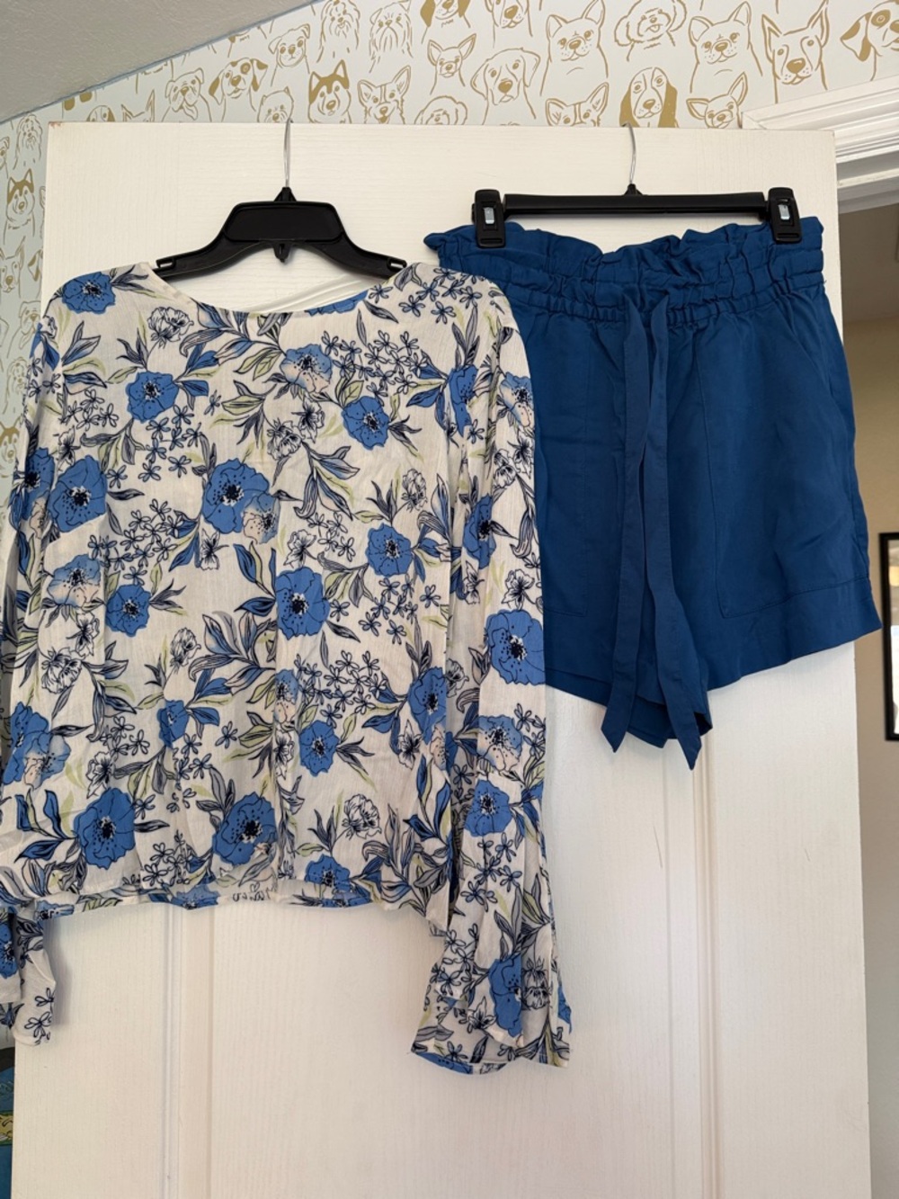 Blue Floral Blouse & Solid Blue Paperbag Shorts Set